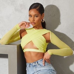 Lime Mesh Underbust Long Sleeve Crop Top